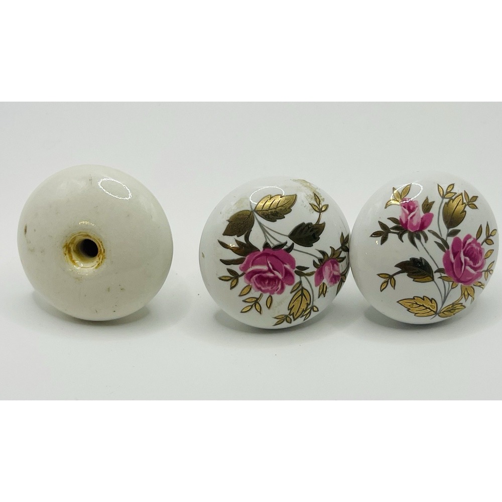 LOT Of 3 VTG Porcelain/Ceramic Drawer/Cabinet Knobs 2 With Pink Roses And Gold.